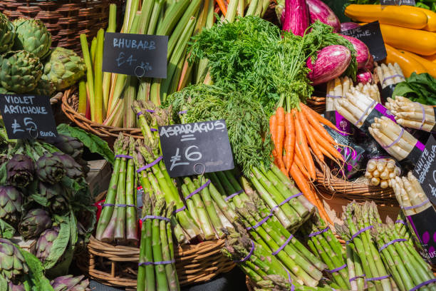 Seasonal vegetables at a British farmers market stall