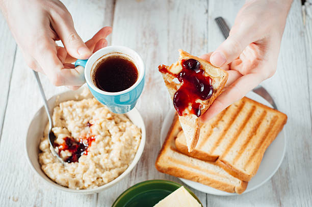 Classic British breakfast foods including porridge and wholemeal toast