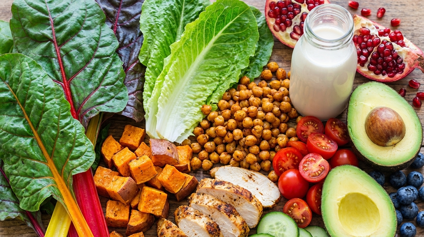 Balanced lunch with whole grains, vegetables and protein for steady afternoon energy